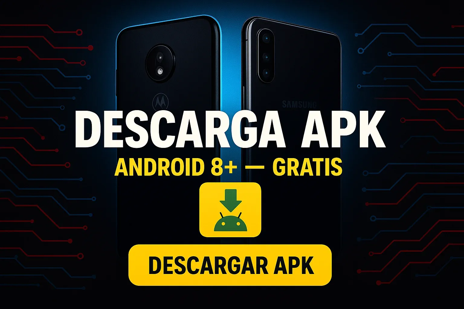 Banner oscuro con botón dorado para descargá APK Android 8+ gratis