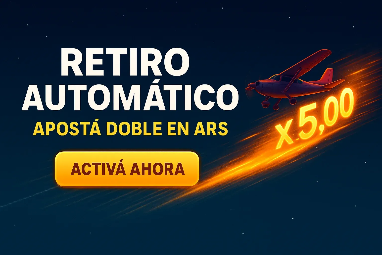 Banner casino Aviator con retiro automático, avión y multiplicador x5.00, activá ahora