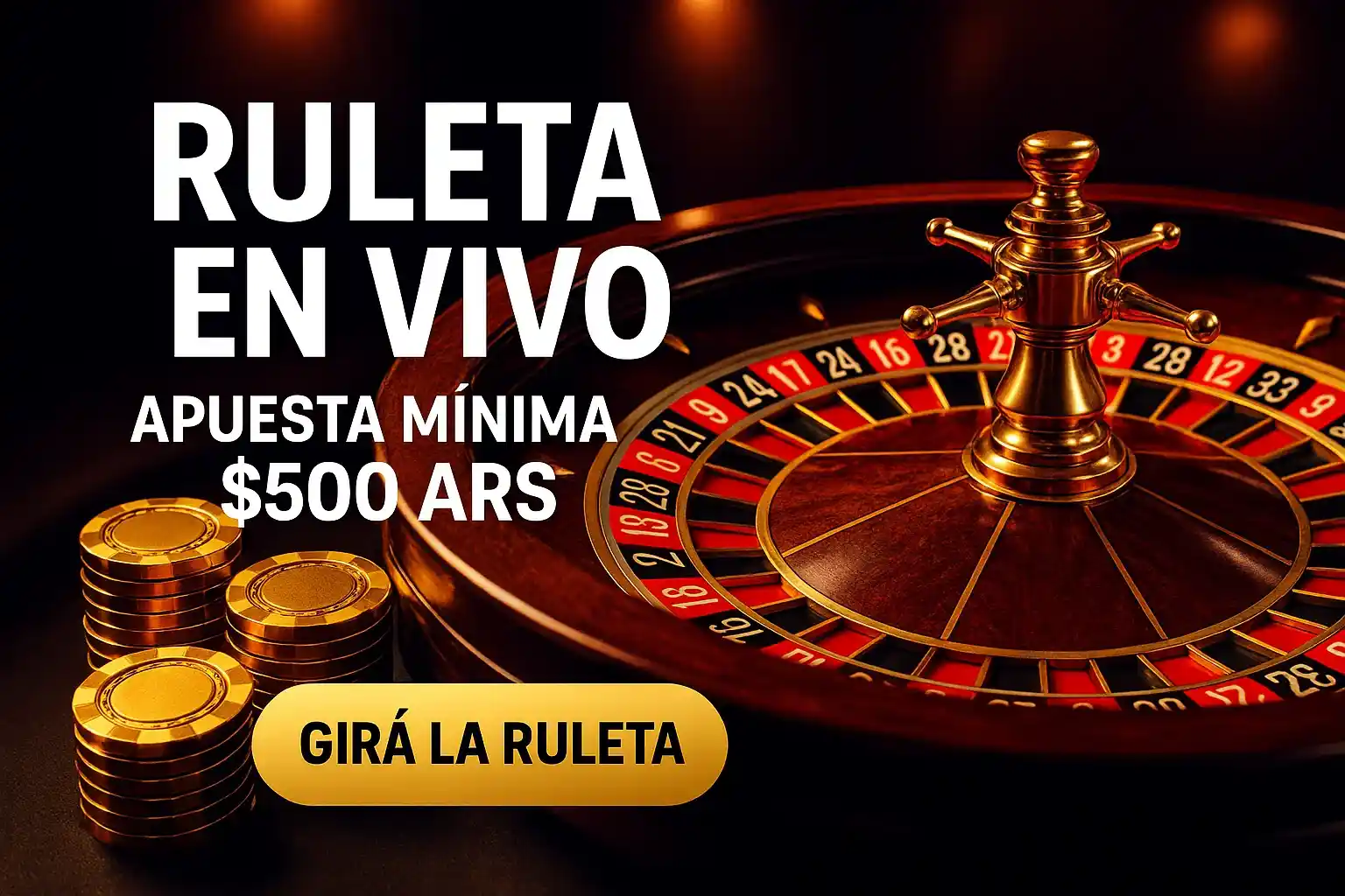 Banner de ruleta en vivo con fichas doradas y botón CTA