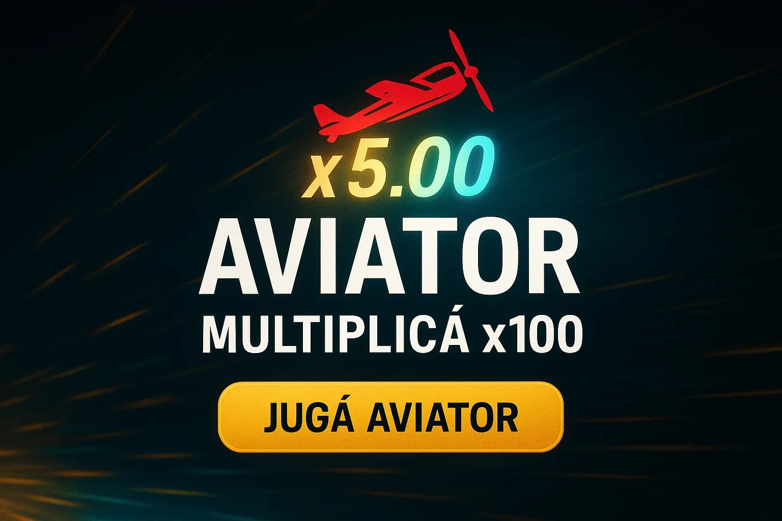 Banner casino Aviator con fondo oscuro, avión silueta y multiplicador x5.00