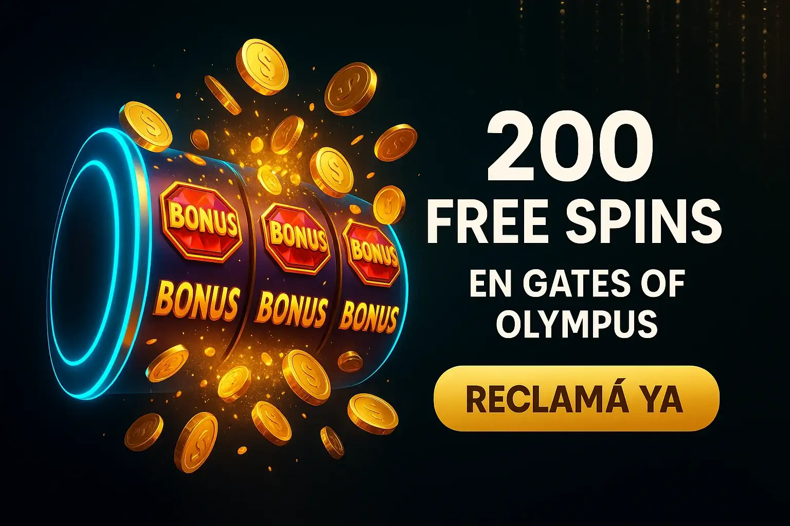 Banner de casino con 200 giros gratis y botón Reclamá Ya