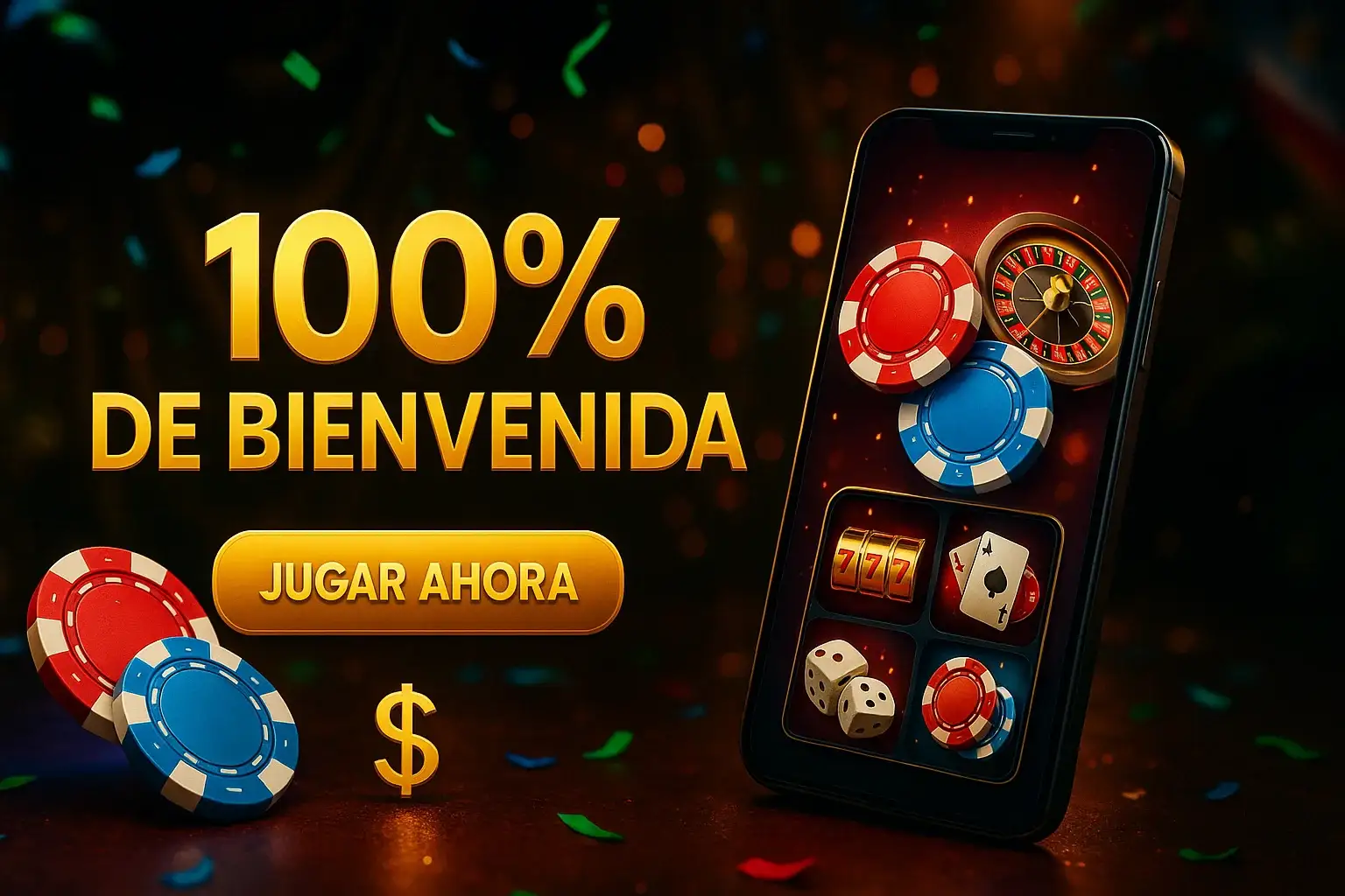 Banner de casino con 100% de bienvenida, fichas y app móvil, jugá ahora