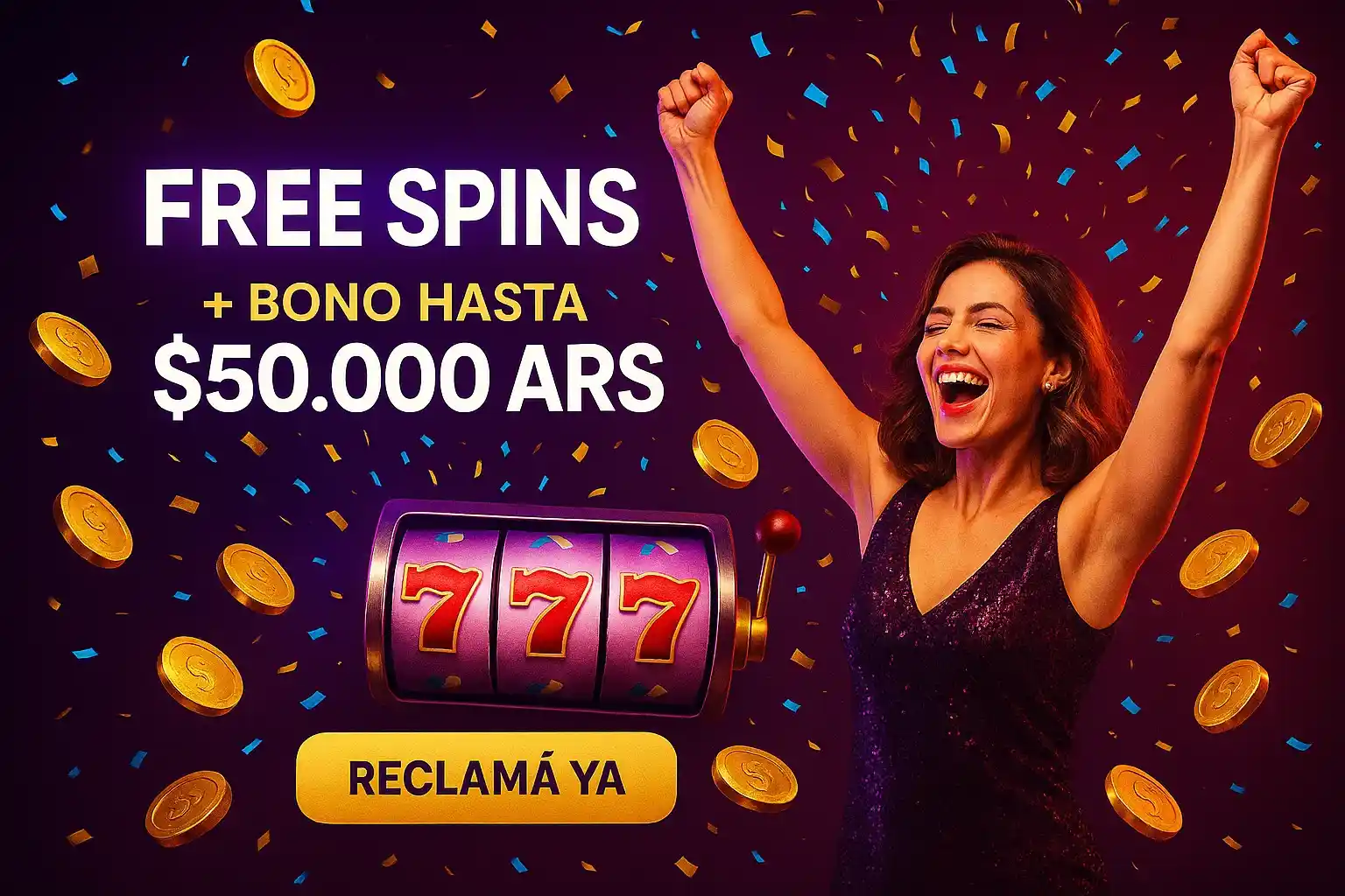 Banner de tragamonedas con mujer celebrando, monedas doradas y botón Reclamá Ya